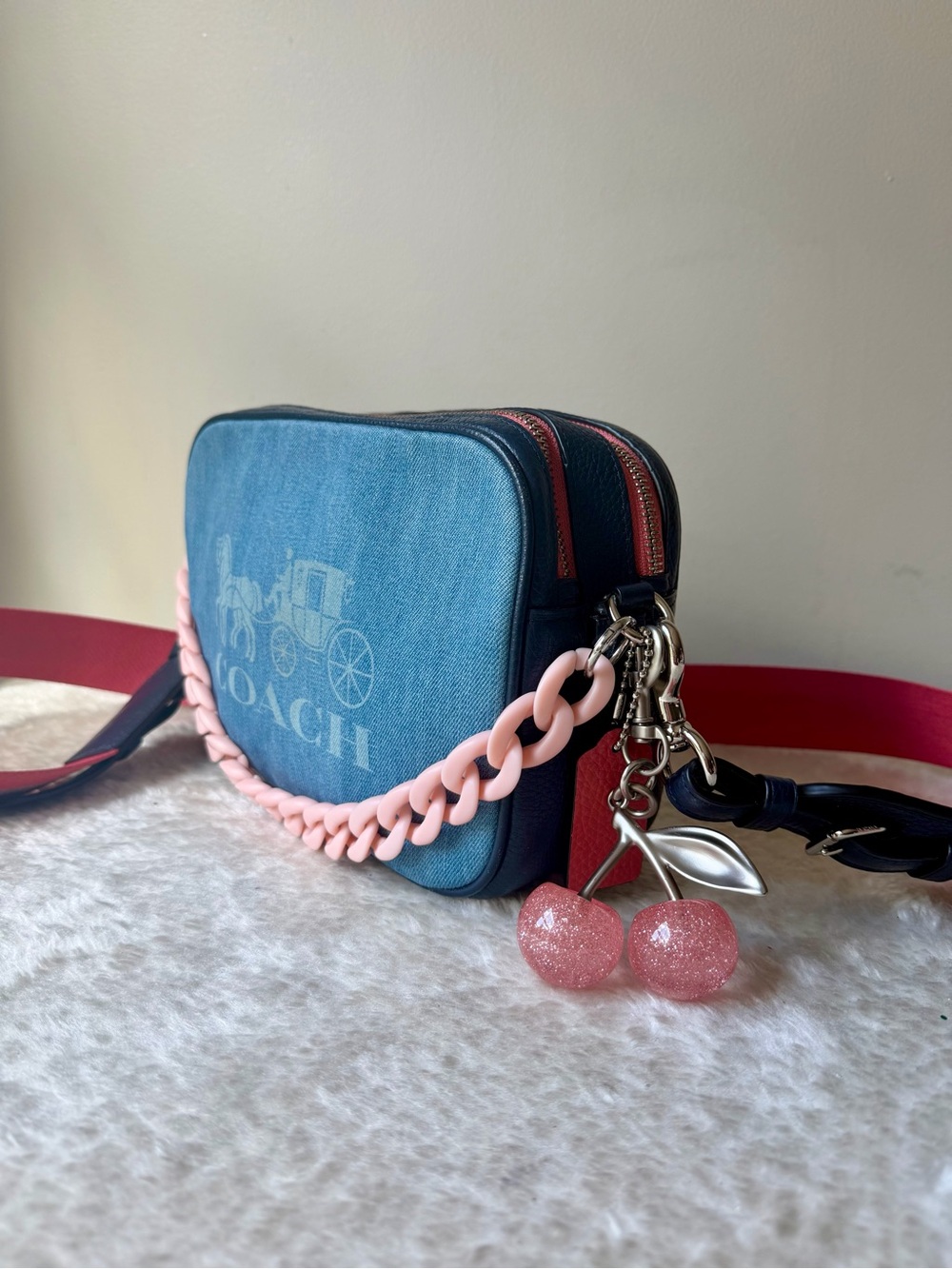 Coach Jes Crossbody in Denim and Leather with chain charm and cherry charm - Picture 4 of 12